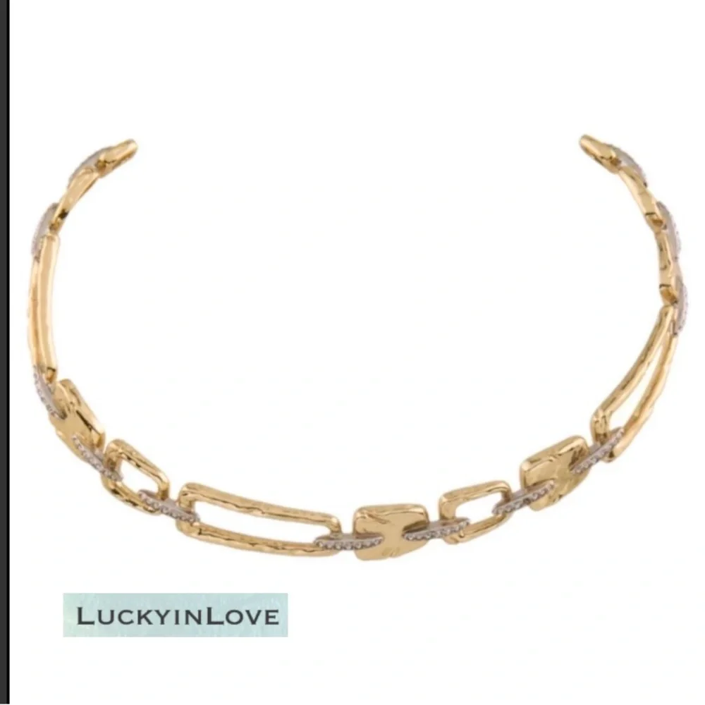 ALEXIS BITTAR • Gold Silver Chain Link Crystal Abstract Buckle Choker Necklace